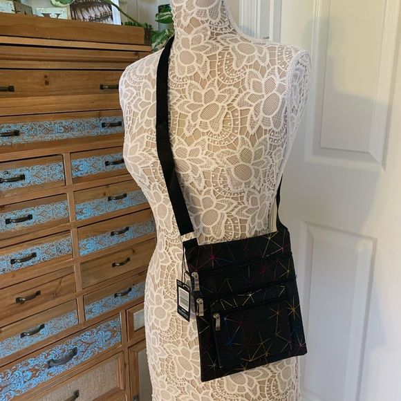 Geometric Four Pocket Crossbody Handbag – Black/multi - Picture 6 of 8